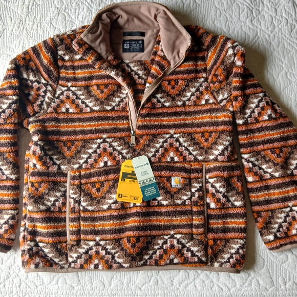 Carhartt x Bethany Yellowtail Women's Fleece Brown and Orange Half Zip Pullover - Picture 1 of 6